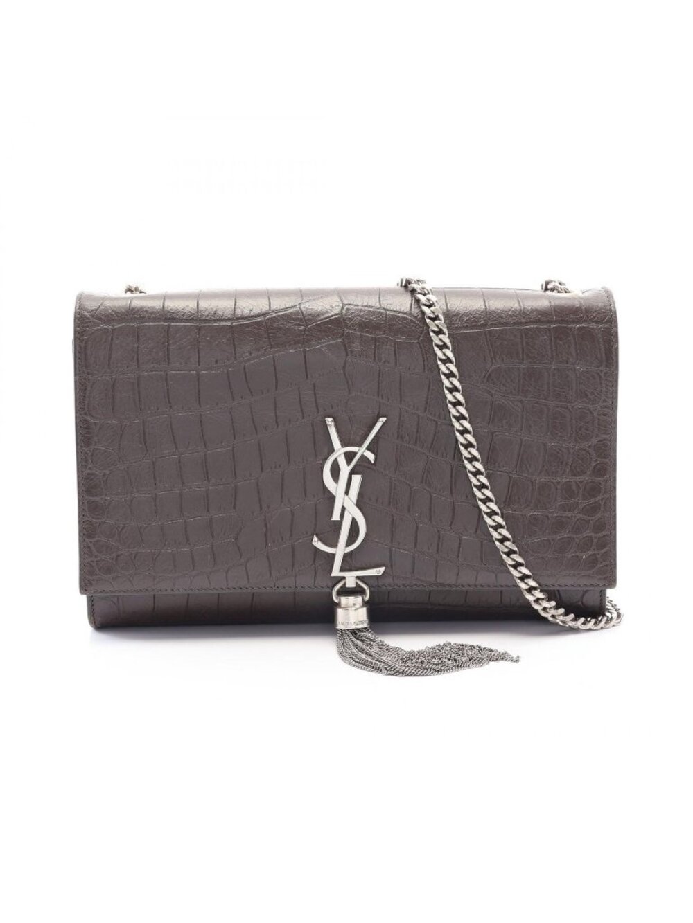 Saint Laurent Paris Shoulder Bag Kate Monogram Croco Embossed Charcoal Gray